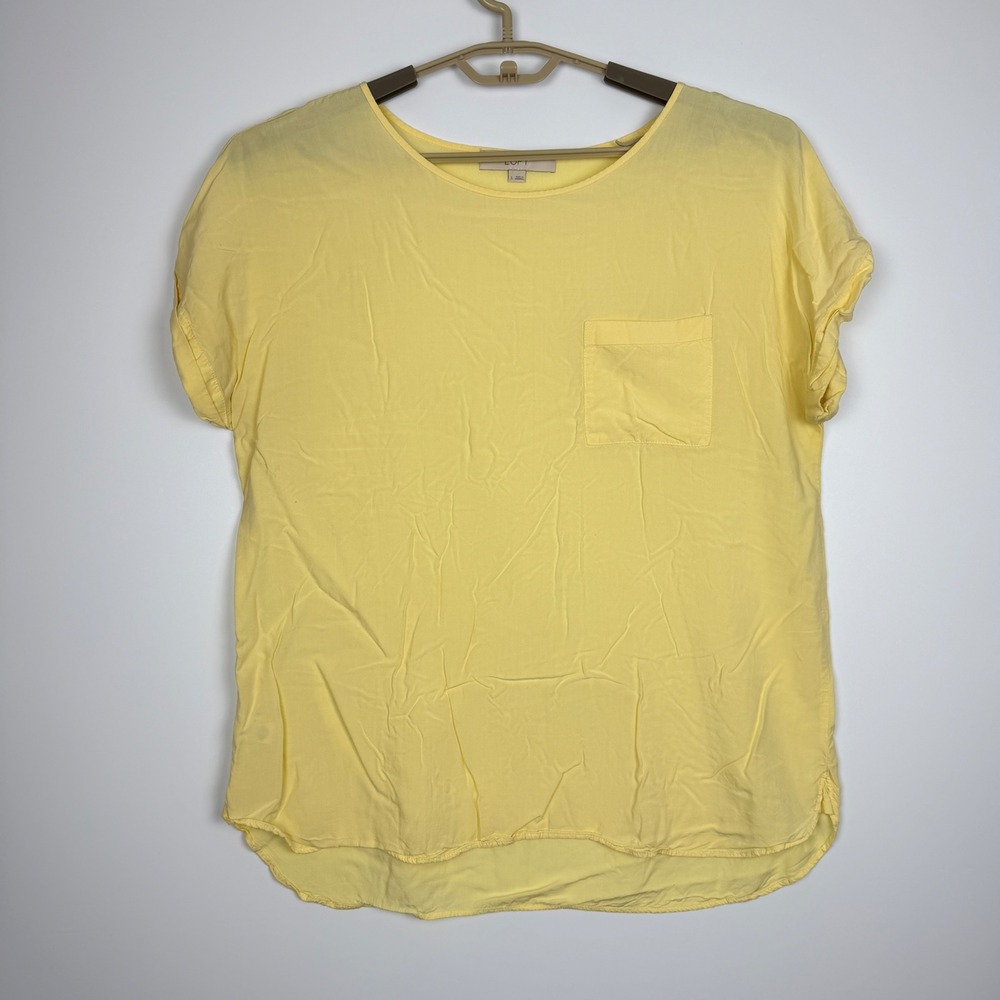 LOFT Yellow Rayon Scoop Neck Short Sleeve Pocket Blouse Top Large